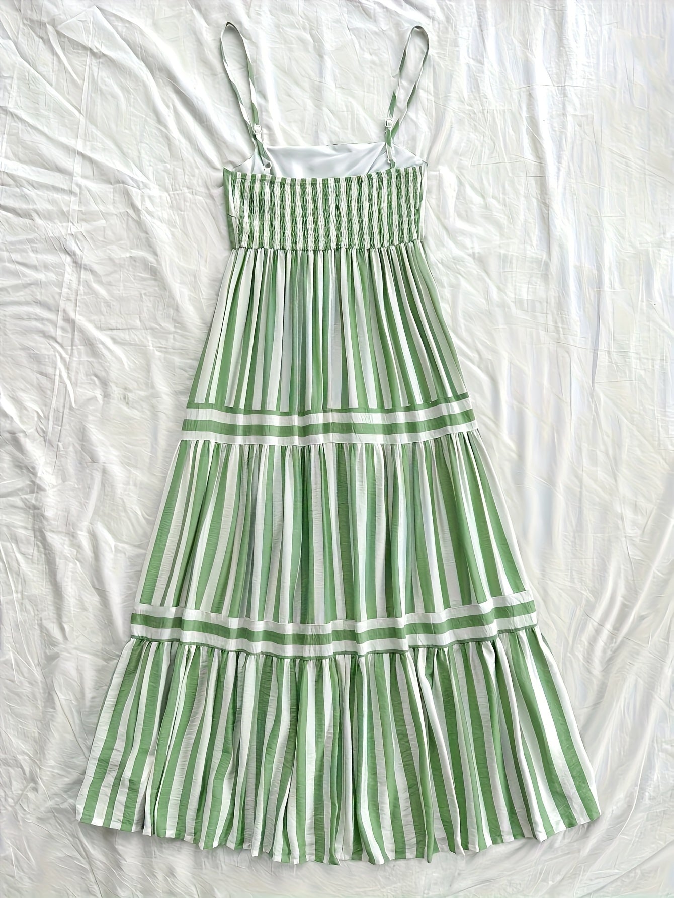 Elegant Green & White Striped Midi Dress with Adjustable Spaghetti Straps and Ruffled Hem - Machine Washable, Perfect for Spring/Summer/Fall